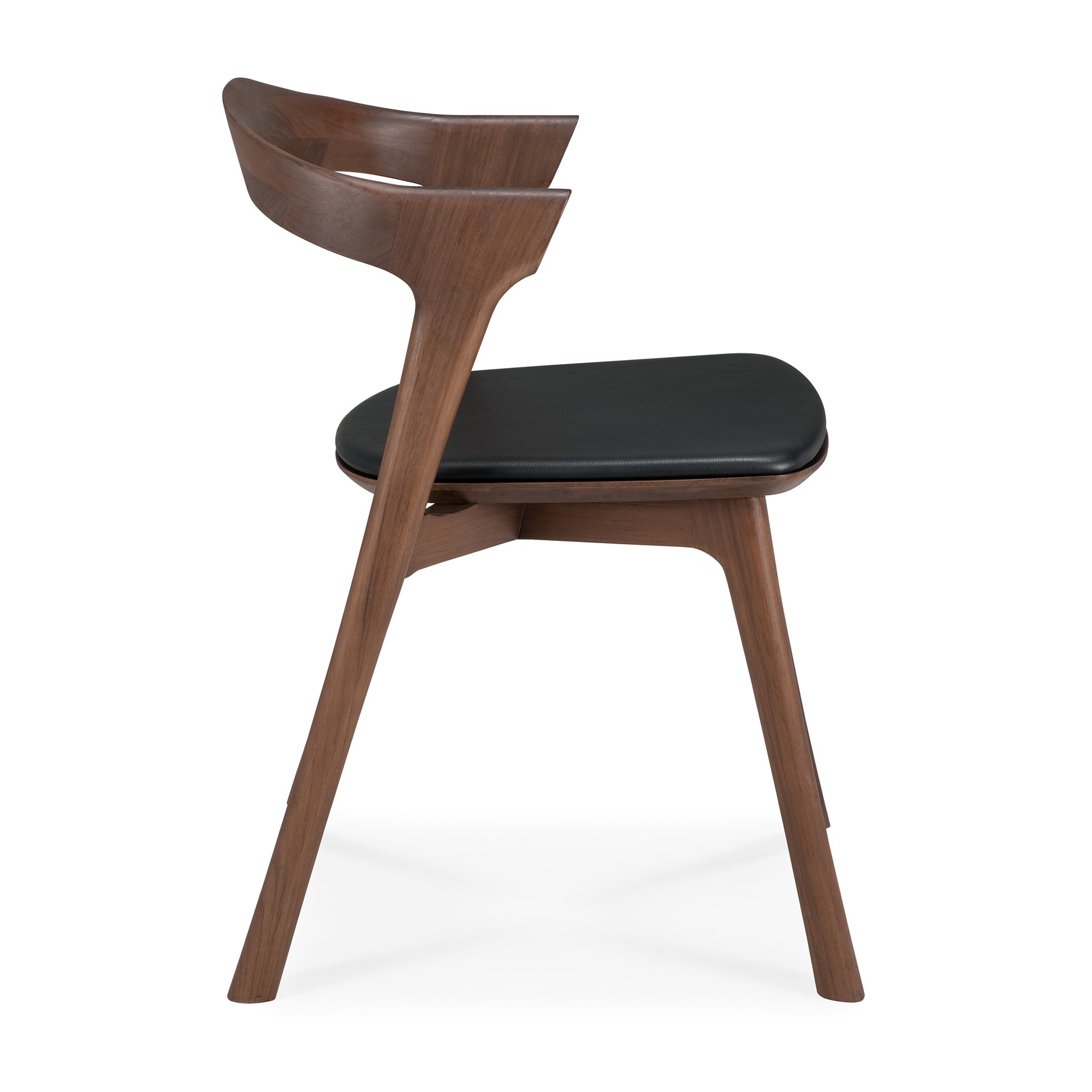 Chaise de salle à manger sculpturale en teck et cuir avec silhouette inspirée de la corne pour les salles à manger