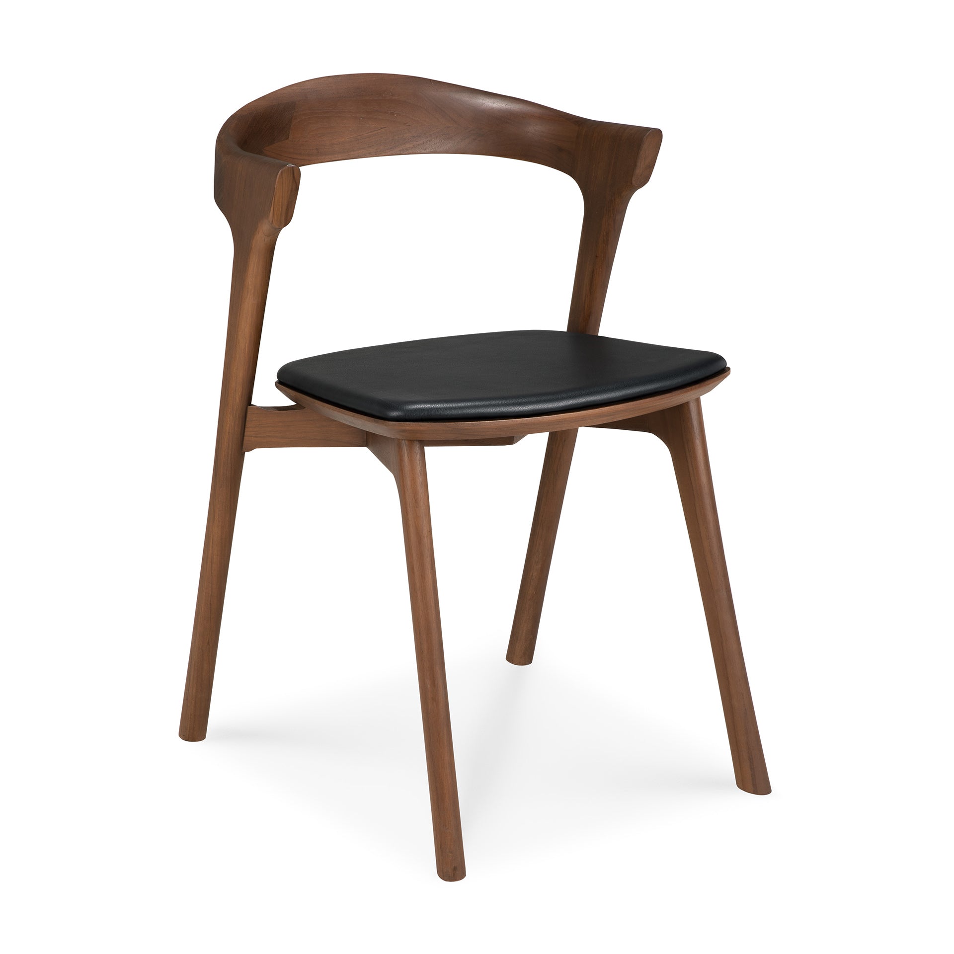 Chaise de salle à manger sculpturale en teck et cuir avec silhouette inspirée de la corne pour les salles à manger