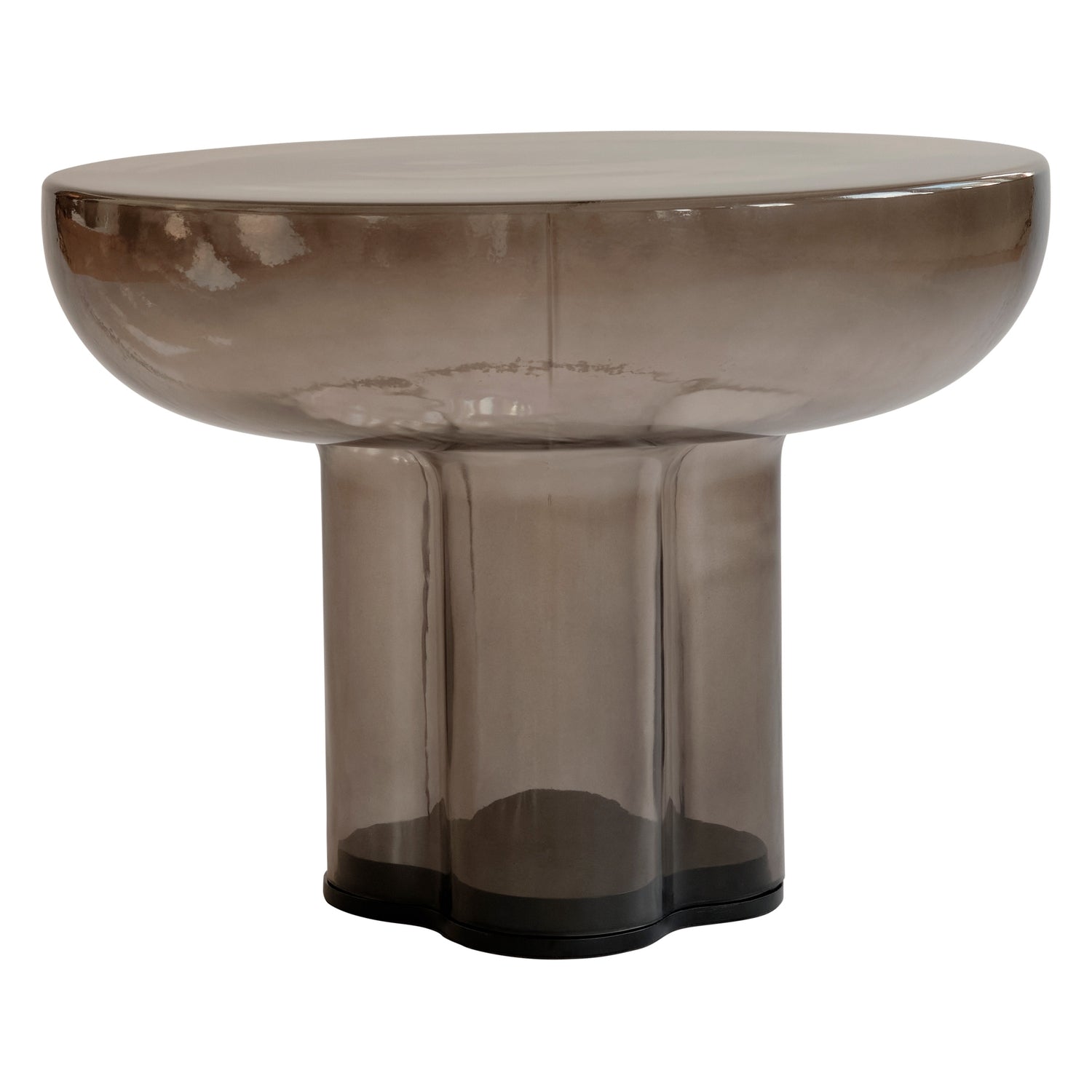 Table basse brutaliste en verre soufflé bouche avec plateau monolithique flottant pour salons