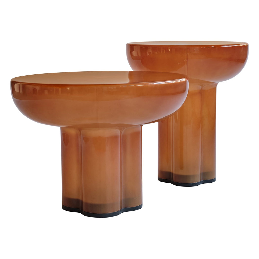 Table basse brutaliste en verre soufflé bouche avec plateau monolithique flottant pour salons