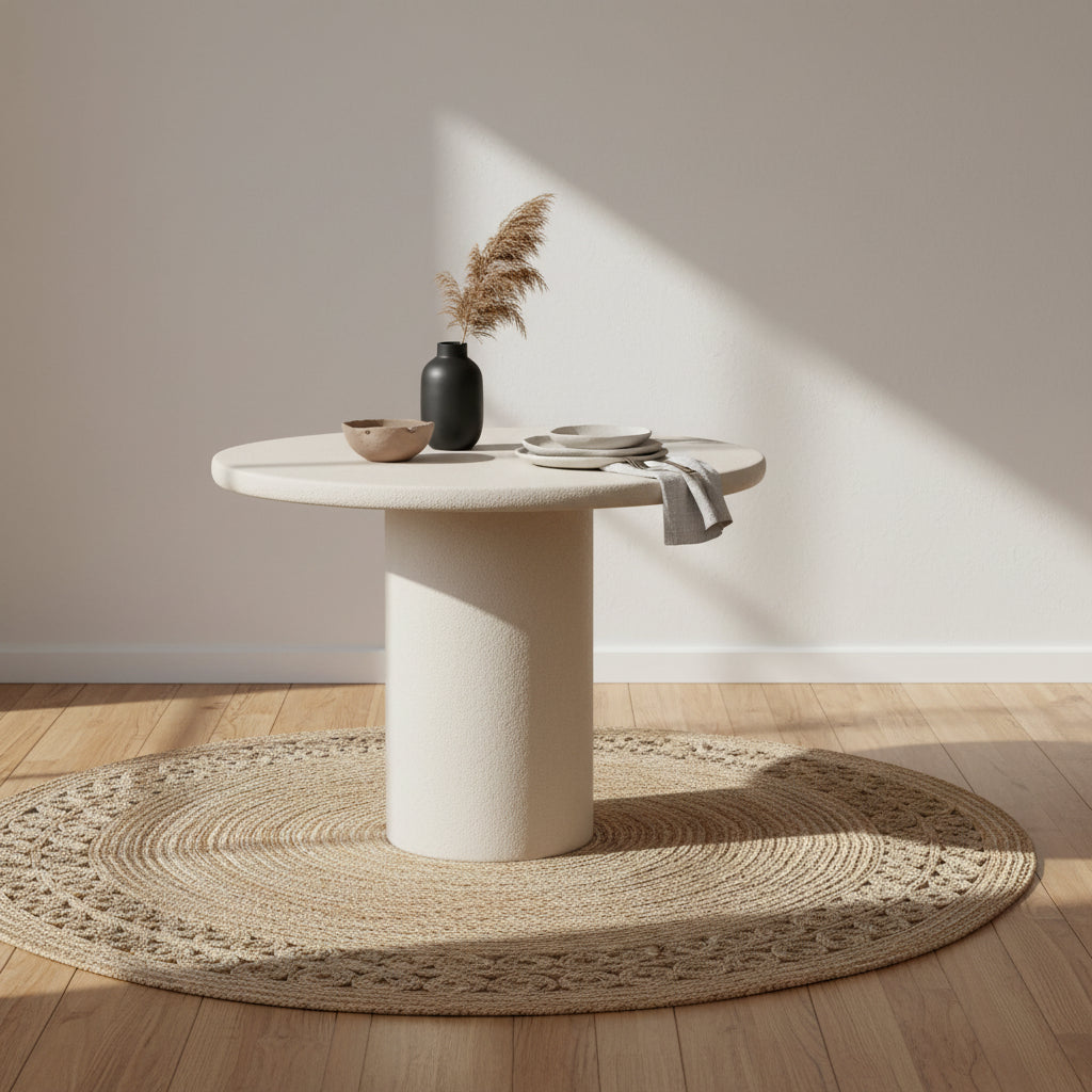 Table à manger ronde en béton fibré artisanal avec finition en pierre sans joint pour salles à manger