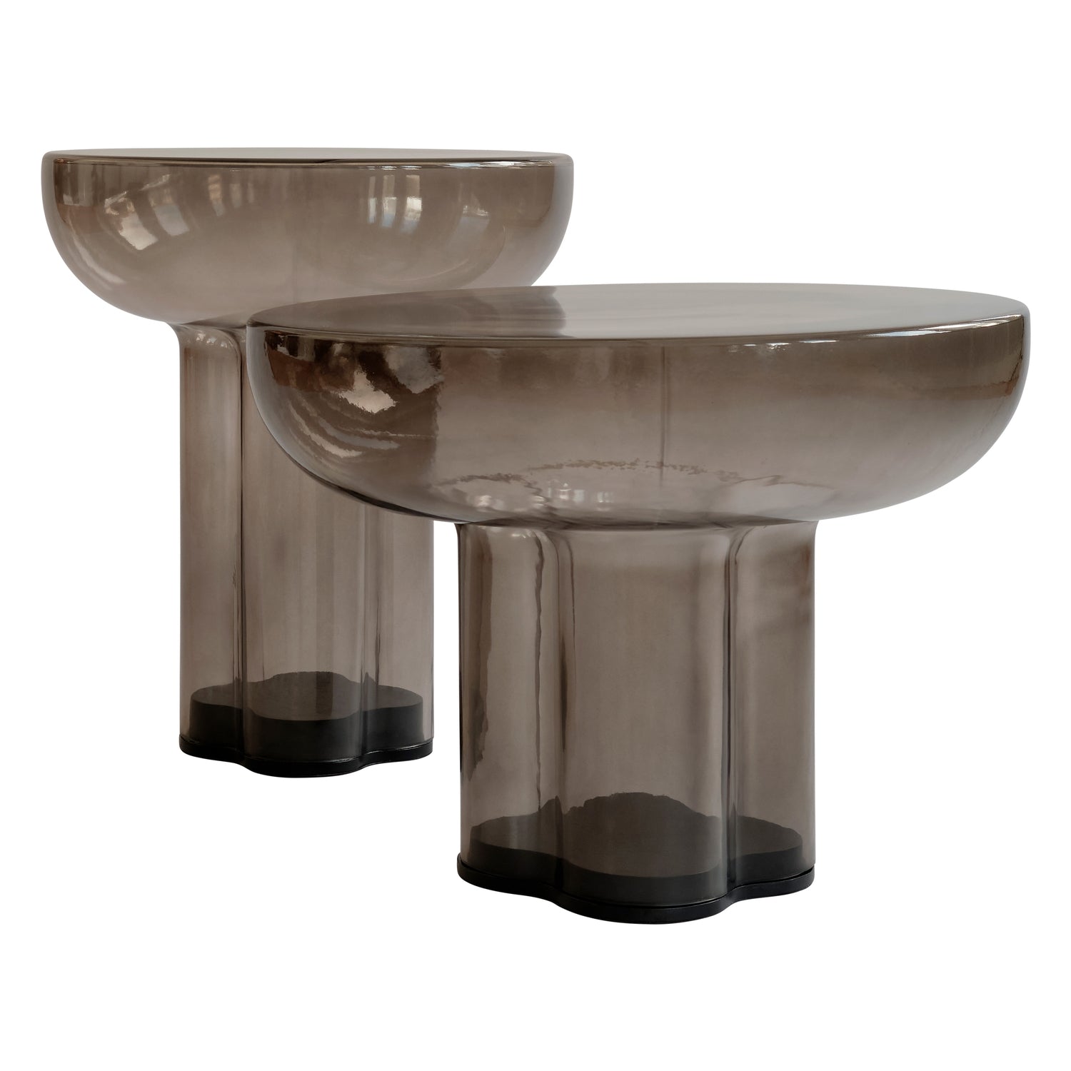 Table basse brutaliste en verre soufflé bouche avec plateau monolithique flottant pour salons
