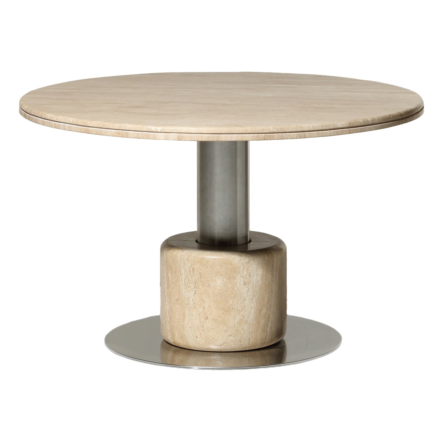 Table à manger ronde de luxe en marbre travertin avec base en acier inoxydable pour salles à manger