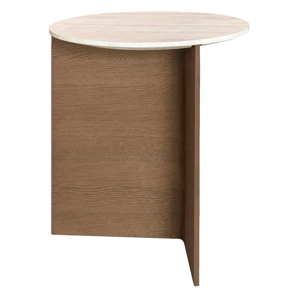 Table d'appoint à piétement en T en travertin naturel et bois avec panneau biseauté pour le salon et les chambres
