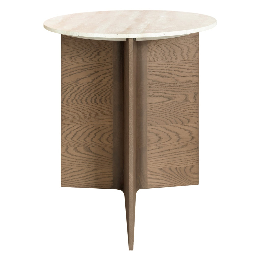 Table d'appoint à piétement en T en travertin naturel et bois avec panneau biseauté pour le salon et les chambres
