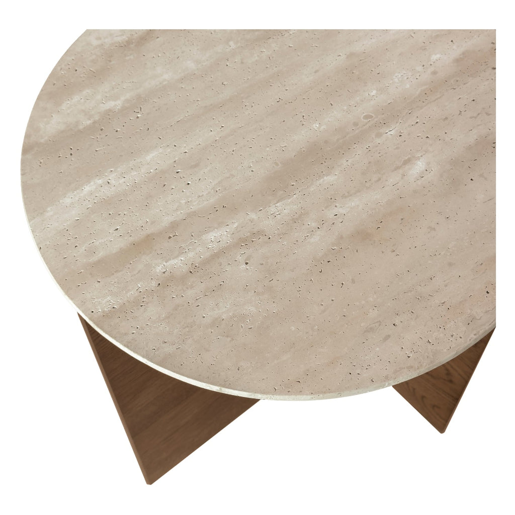 Table d'appoint à piétement en T en travertin naturel et bois avec panneau biseauté pour le salon et les chambres