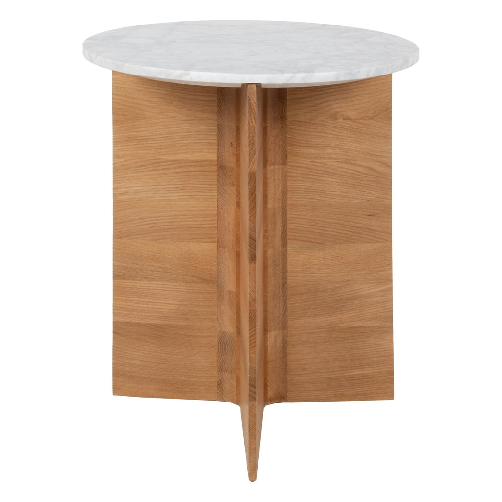 Table d'appoint contemporaine en marbre et bois à piètement en T, avec panneau fuselé pour les salons et les chambres