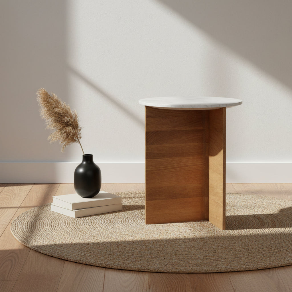 Table d'appoint contemporaine en marbre et bois à piètement en T, avec panneau fuselé pour les salons et les chambres