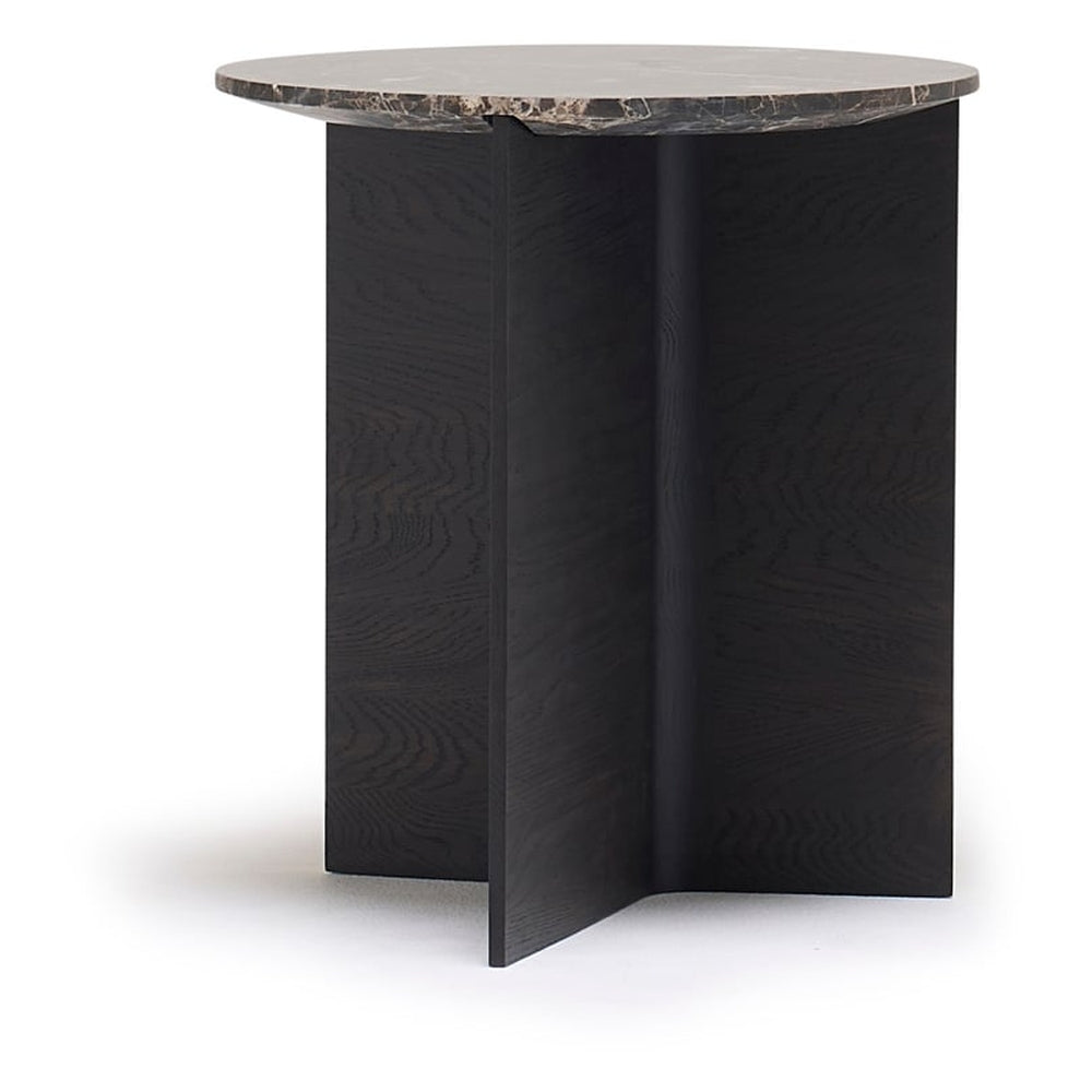 Table d'appoint contemporaine en marbre et bois à piètement en T, avec panneau fuselé pour les salons et les chambres
