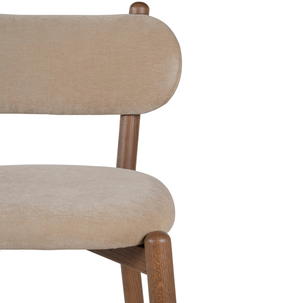 Chaise de salle à manger en chêne et tissu à courbes douces avec dossier arrondi rembourré