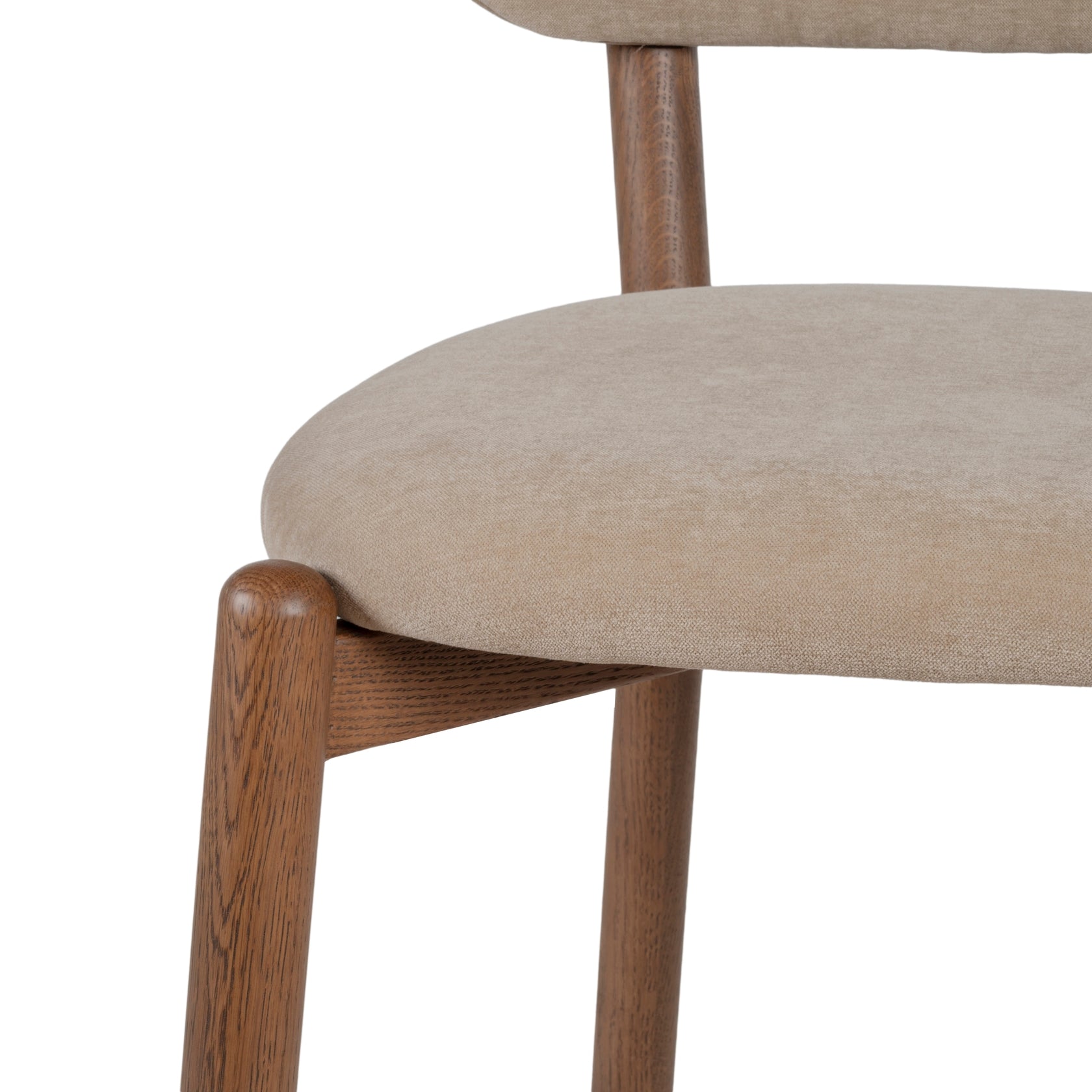 Chaise de salle à manger en chêne et tissu à courbes douces avec dossier arrondi rembourré