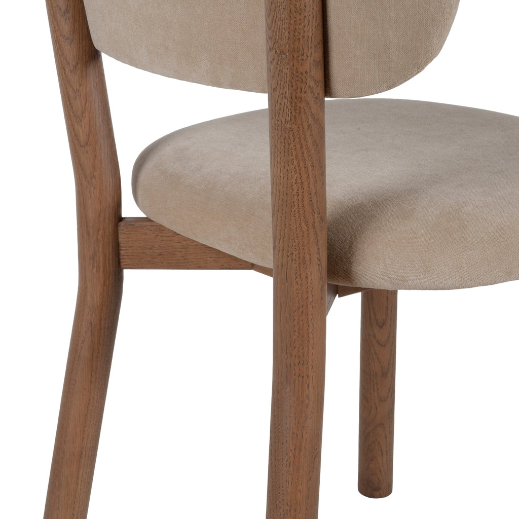 Chaise de salle à manger en chêne et tissu à courbes douces avec dossier arrondi rembourré