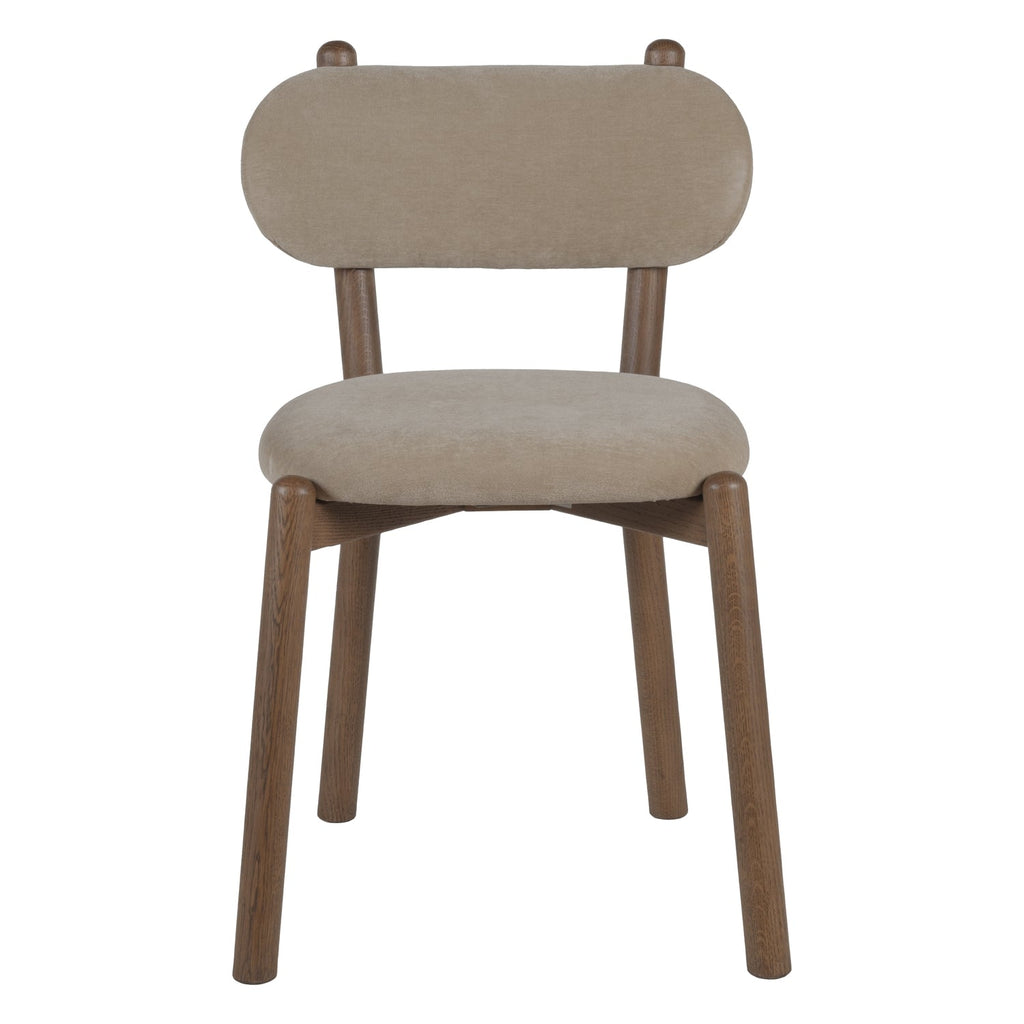 Chaise de salle à manger en chêne et tissu à courbes douces avec dossier arrondi rembourré