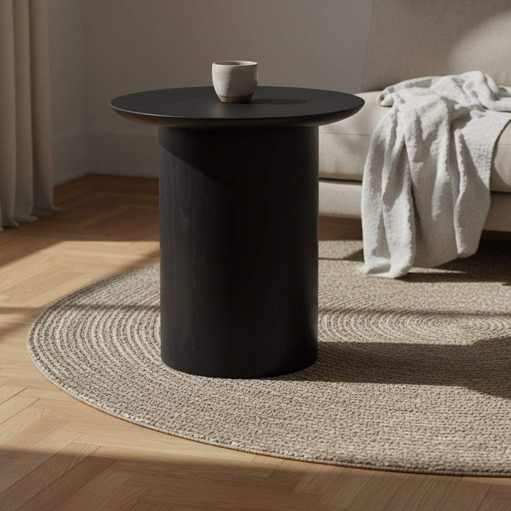 Table d'appoint sculpturale en chêne massif avec pied piédestal et plateau rotatif pour salons