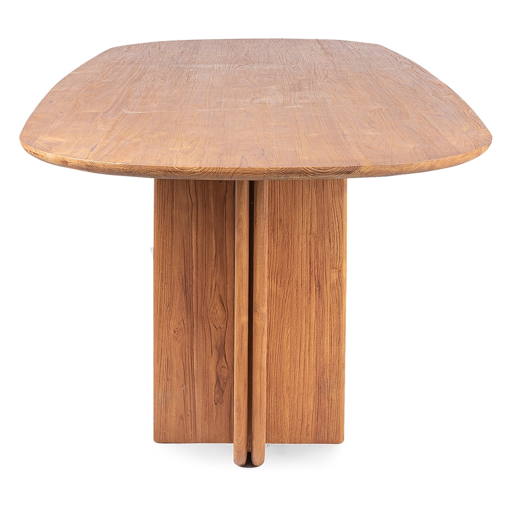 Table à manger en teck recyclé organique avec piètement double à structure croisée pour salles à manger