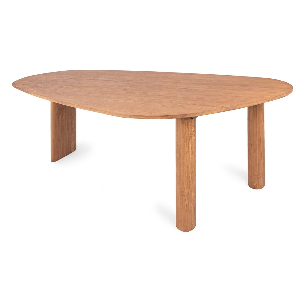 Table de salle à manger contemporaine en teck recyclé avec piètement sculptural à pieds mixtes pour salles à manger