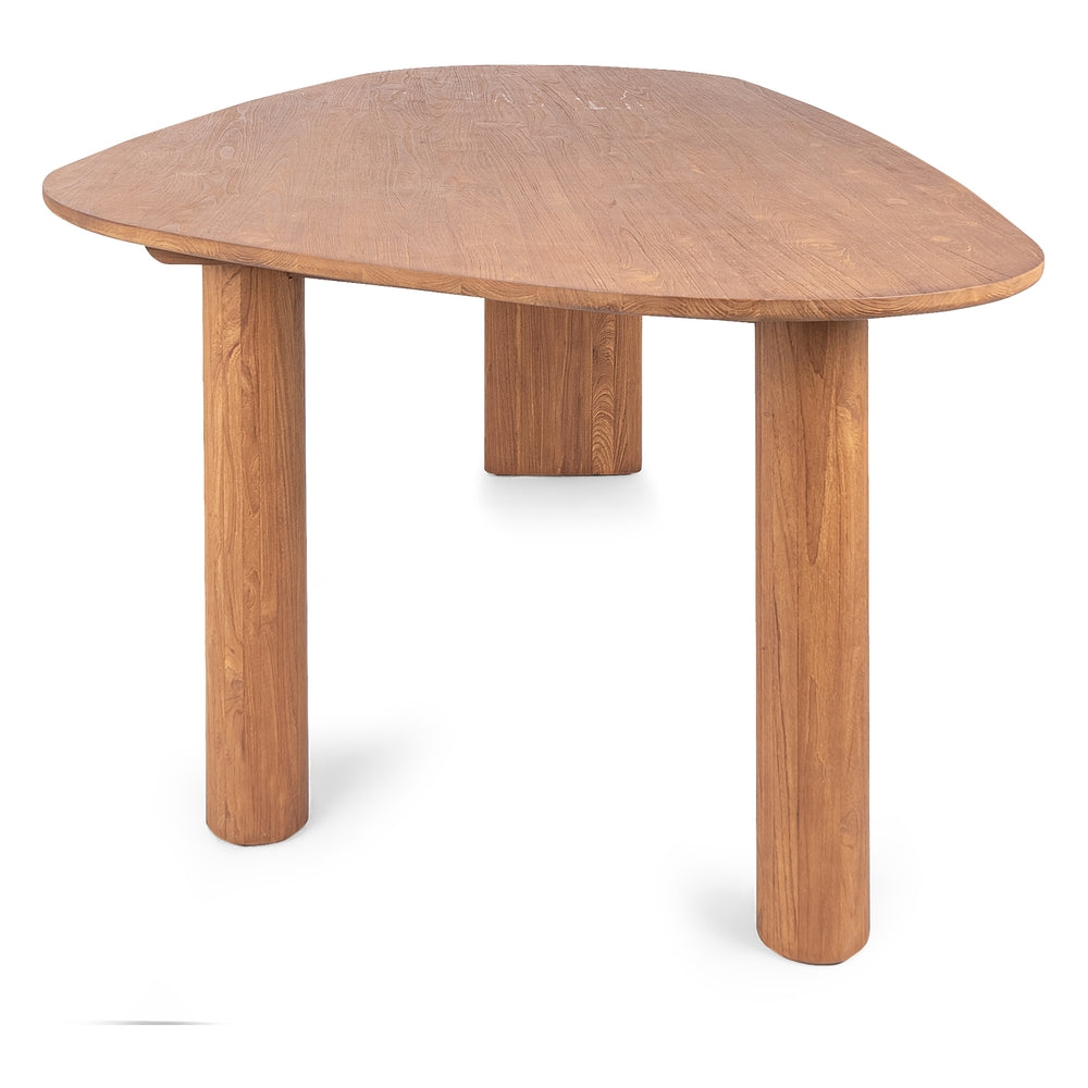 Table de salle à manger contemporaine en teck recyclé avec piètement sculptural à pieds mixtes pour salles à manger