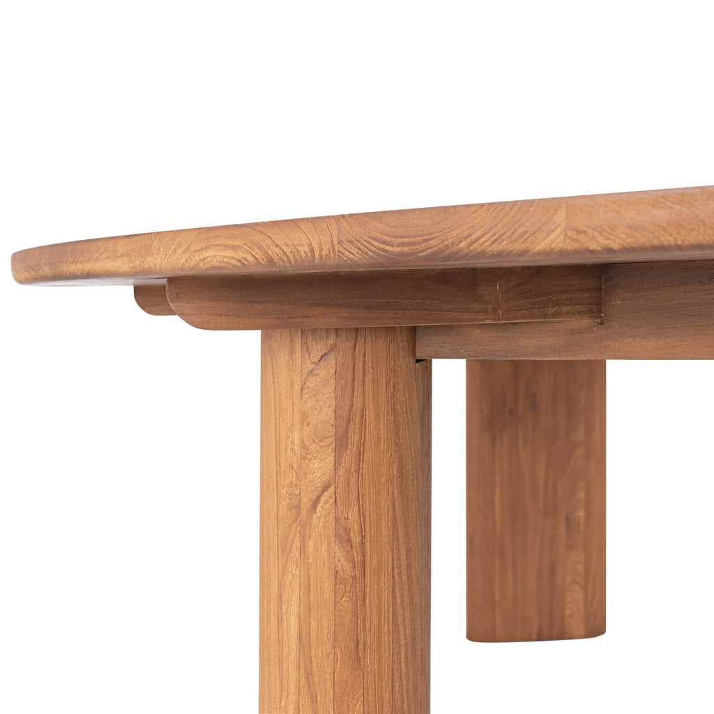 Table de salle à manger contemporaine en teck recyclé avec piètement sculptural à pieds mixtes pour salles à manger