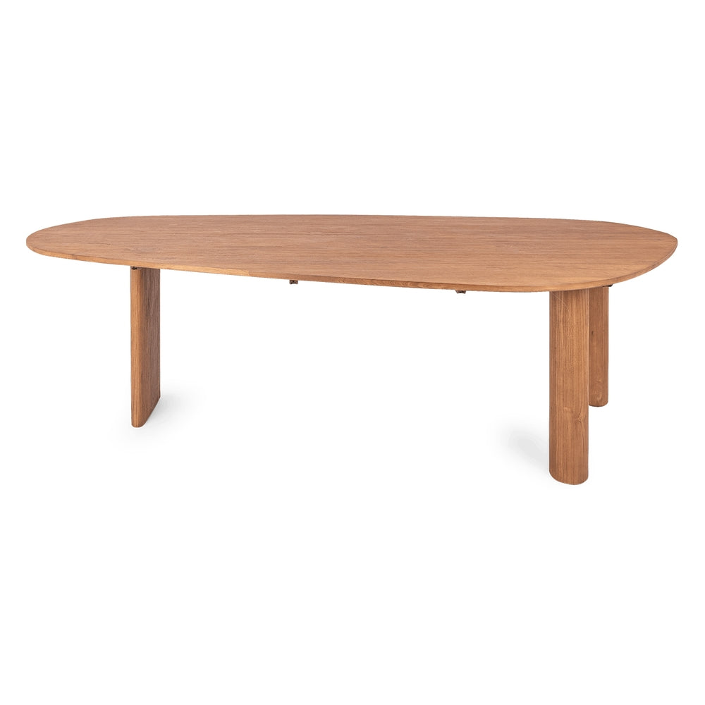 Table de salle à manger contemporaine en teck recyclé avec piètement sculptural à pieds mixtes pour salles à manger