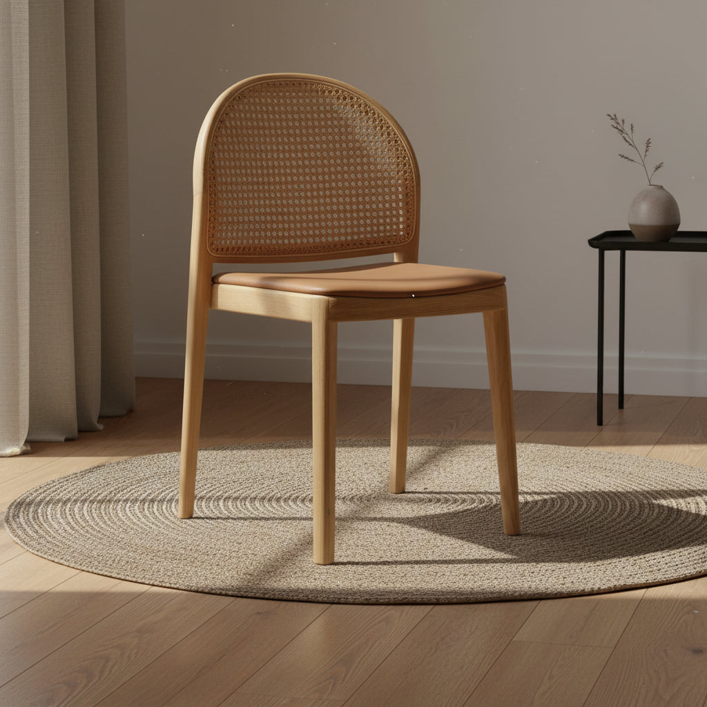 Chaise de salle à manger en chêne architectural et rotin avec silhouette arquée emblématique pour salles à manger