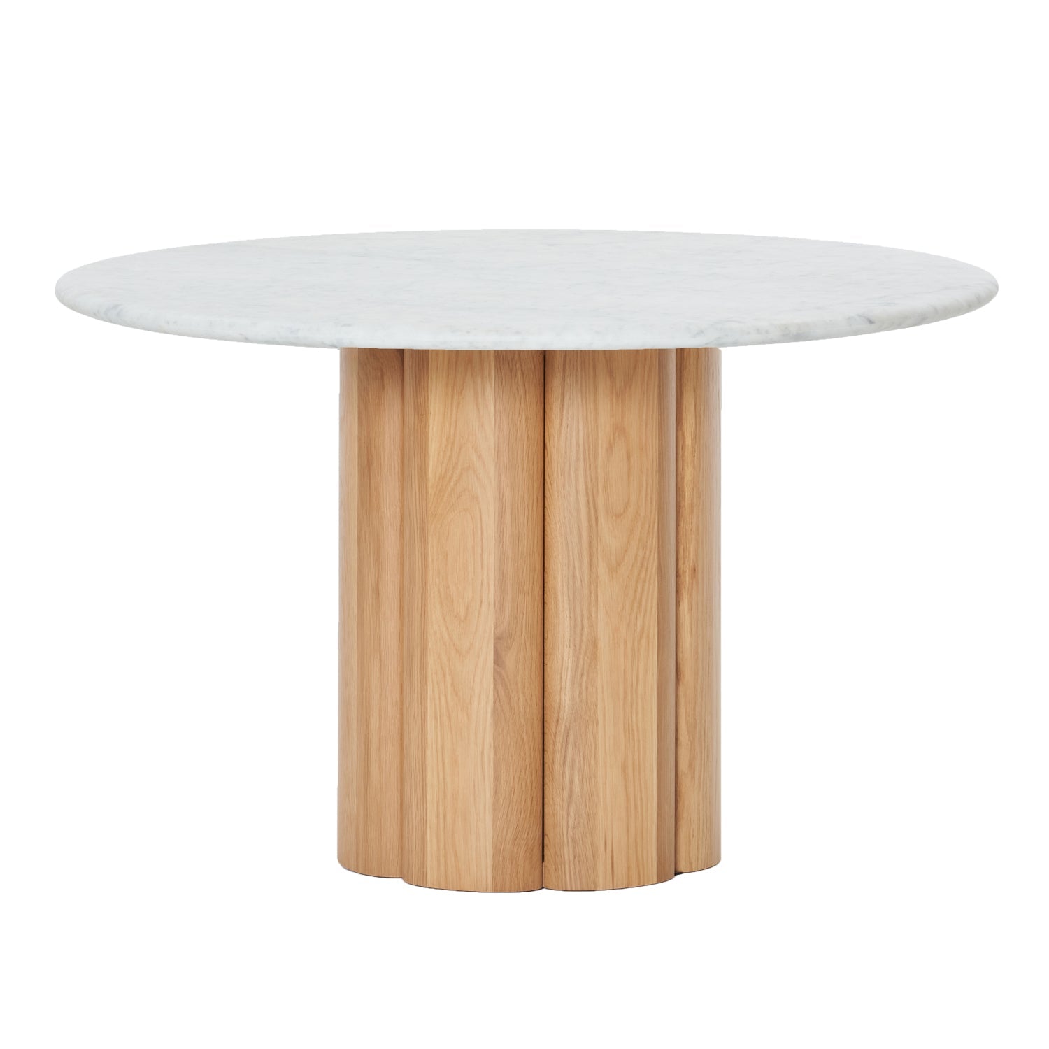 Table à manger ronde en marbre et bois organique avec pied central en tronc d'arbre pour salles à manger