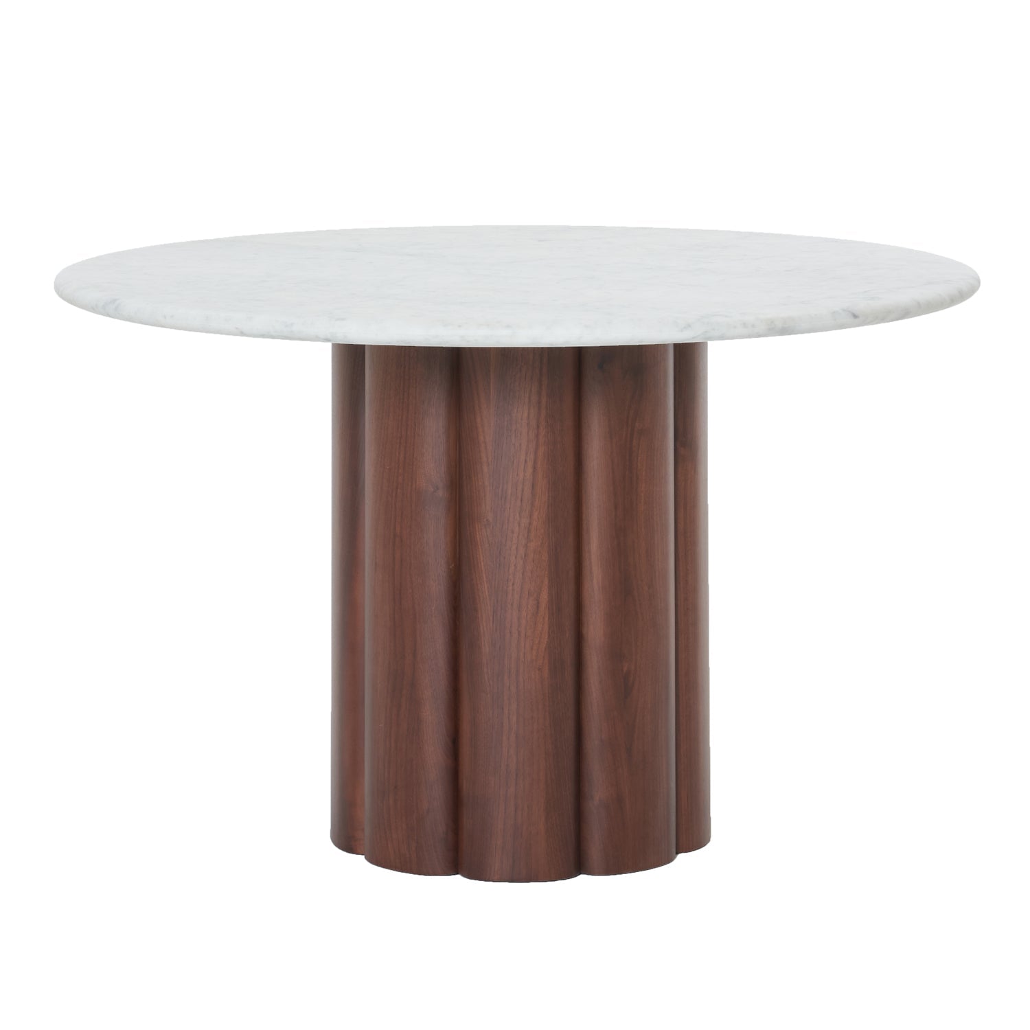 Table à manger ronde en marbre et bois organique avec pied central en tronc d'arbre pour salles à manger