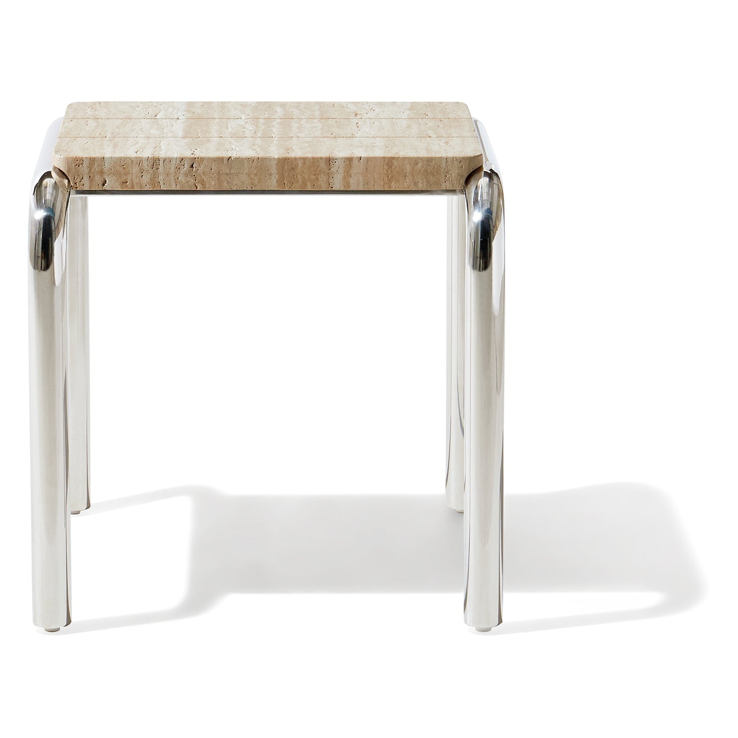 Table d'appoint minimaliste en travertin avec piètement incurvé et ouvert pour salons