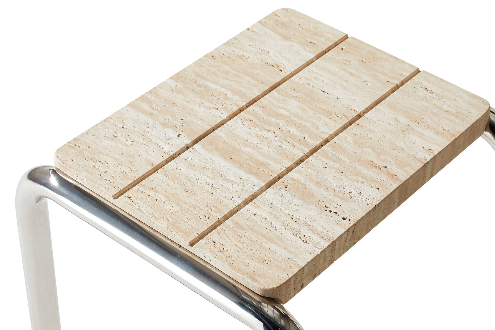 Table d'appoint minimaliste en travertin avec piètement incurvé et ouvert pour salons
