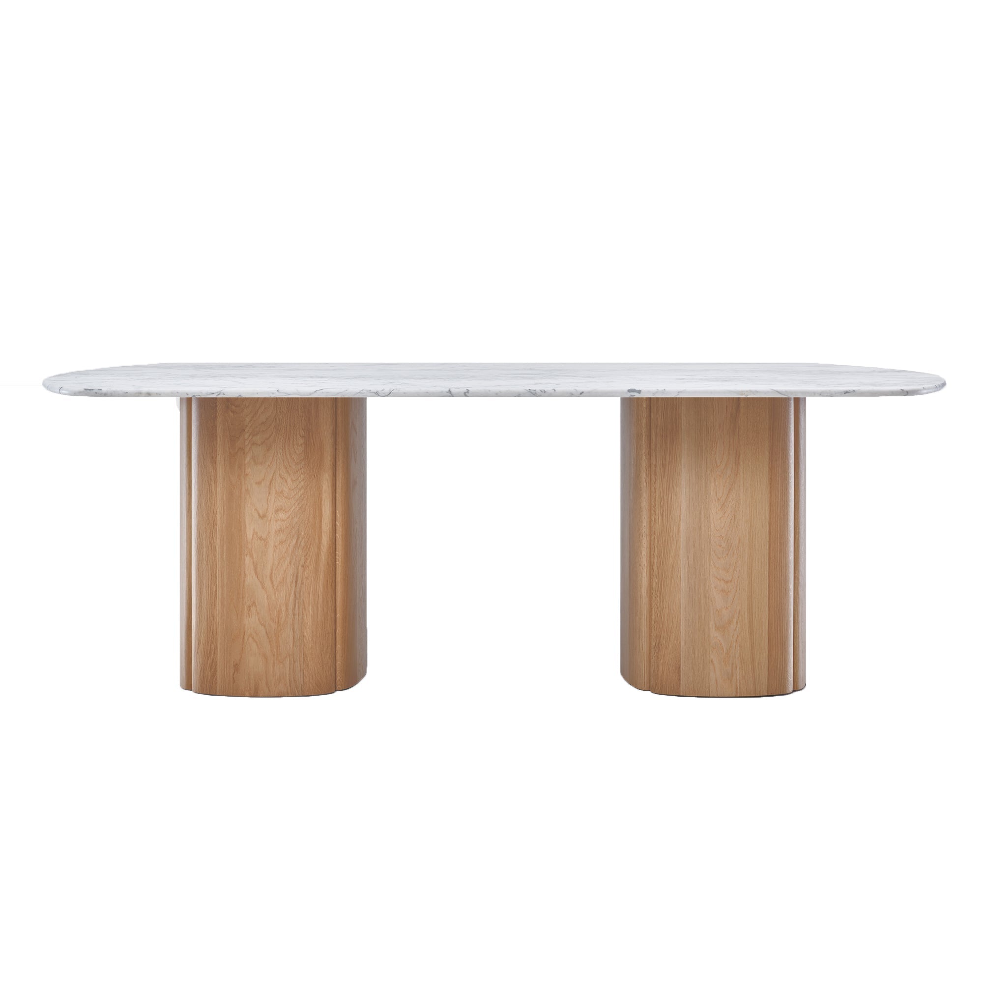 Table à manger ovale sculpturale en marbre Bianco Carrara avec pied en tronc ancien pour salles à manger