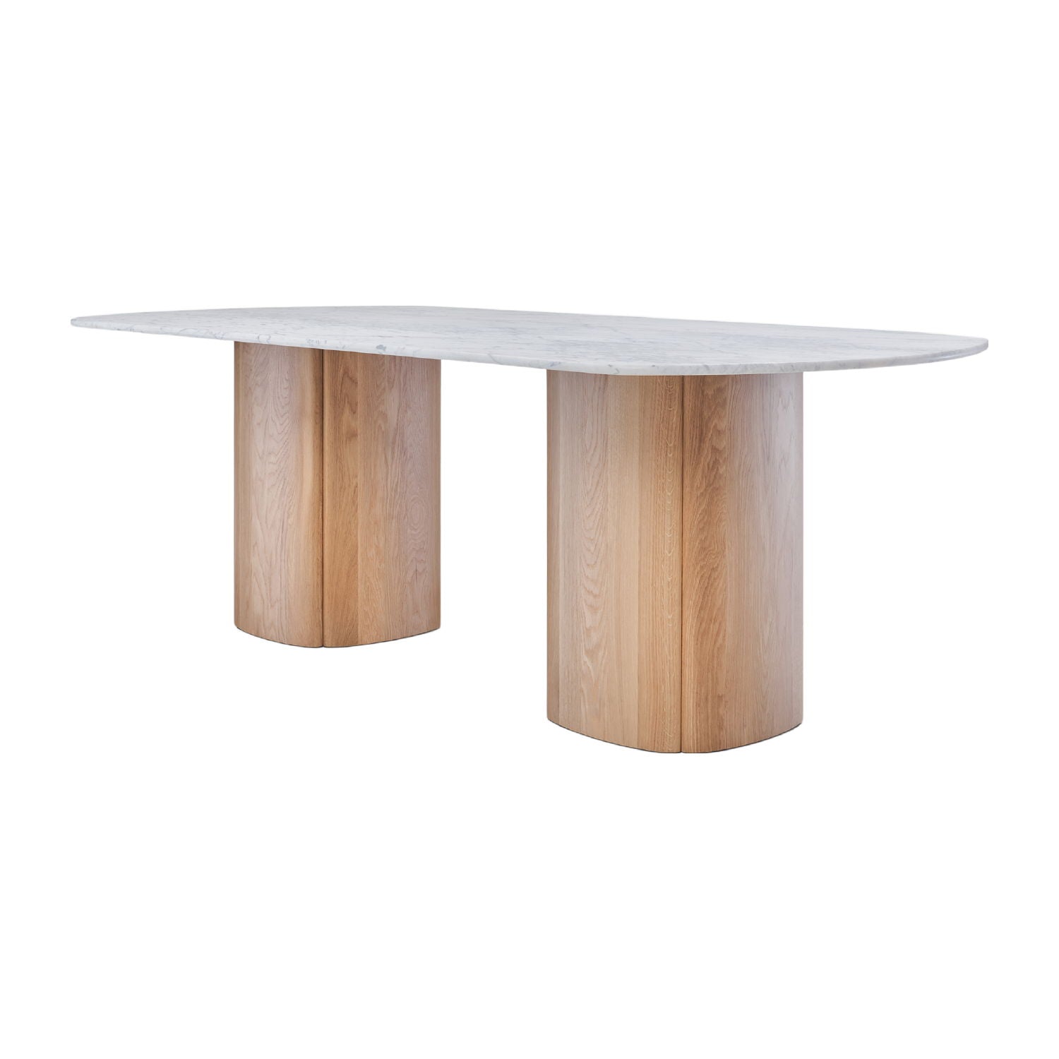 Table à manger ovale sculpturale en marbre Bianco Carrara avec pied en tronc ancien pour salles à manger