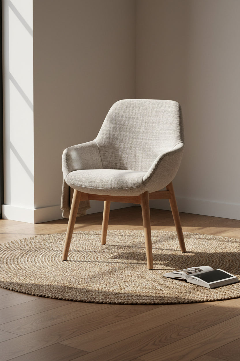 Fauteuil de salle à manger contemporain rembourré avec dossier incliné et piètement en chêne pour salles à manger