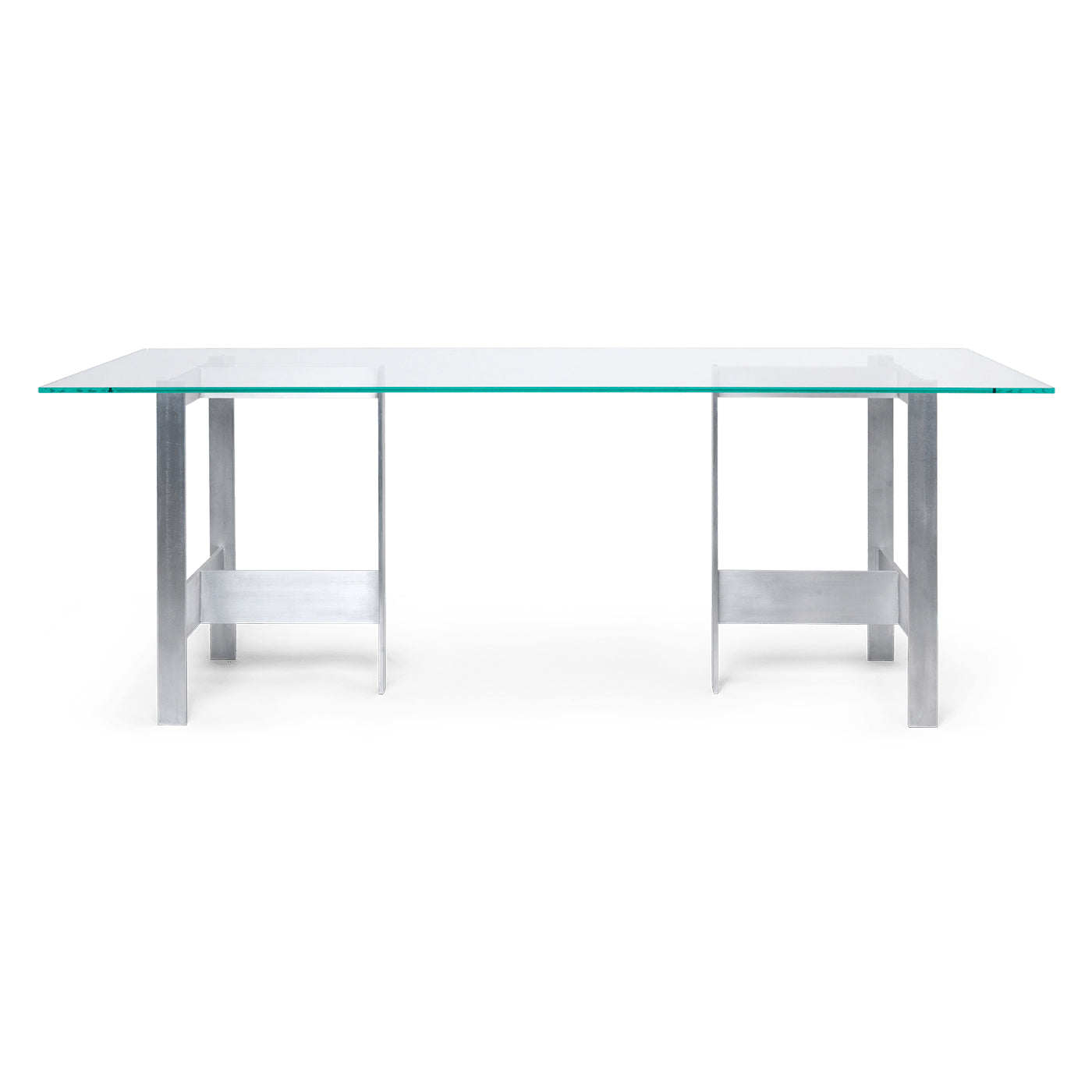 Table à manger en aluminium et verre de style brutaliste avec finition satinée brute pour salles à manger et bureaux