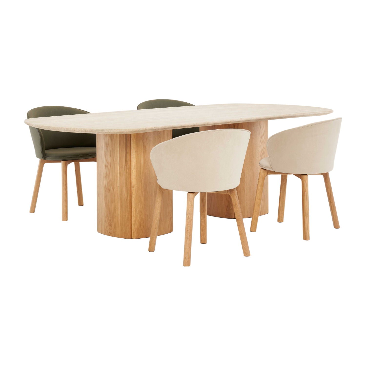 Table à manger ovale sculpturale en travertin avec piètement piédestal aux formes douces pour salles à manger