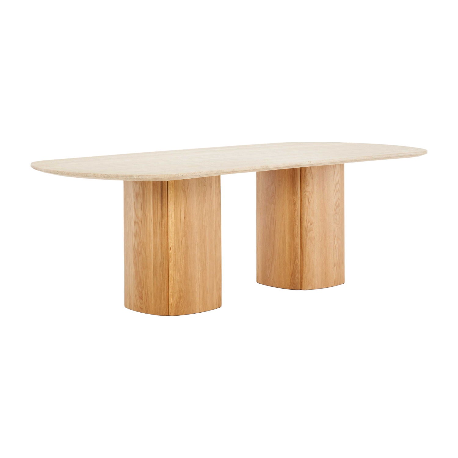 Table à manger ovale sculpturale en travertin avec piètement piédestal aux formes douces pour salles à manger