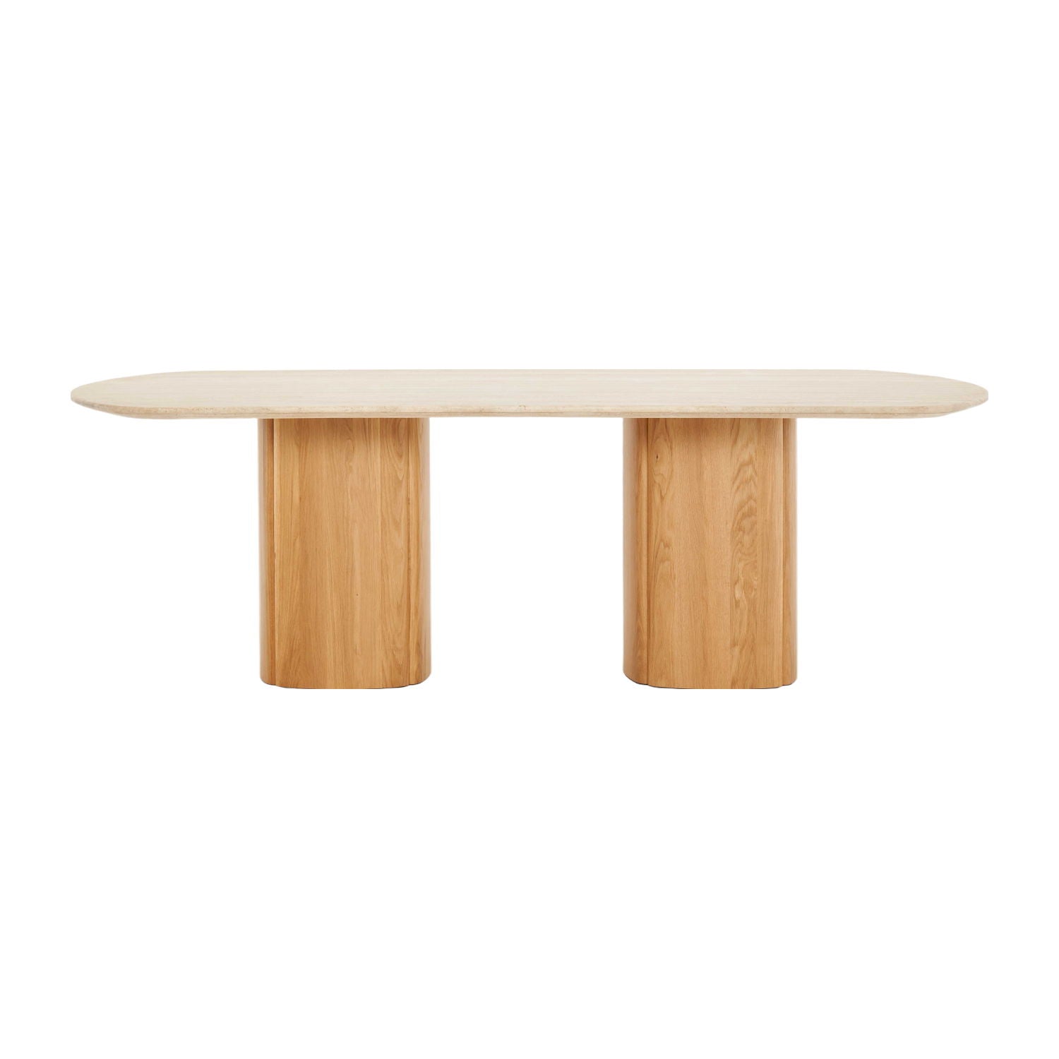 Table à manger ovale sculpturale en travertin avec piètement piédestal aux formes douces pour salles à manger